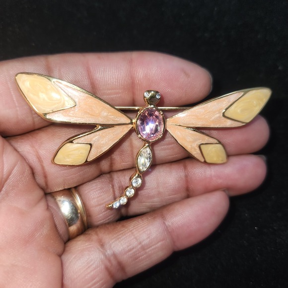 KJL for Avon Gold Tone Dragonfly Brooch  Pink Yellow Peach Enamel Rhinestone